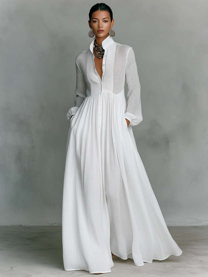 Minimalist Maxi Dress with Patchwork, High Collar and Long Sleeves