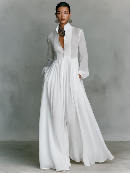 Minimalist Maxi Dress with Patchwork, High Collar and Long Sleeves