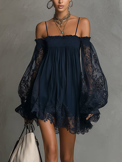 Betty • Navy blue mini chiffon dress with off-shoulder neckline, lace trim, and sheer sleeves