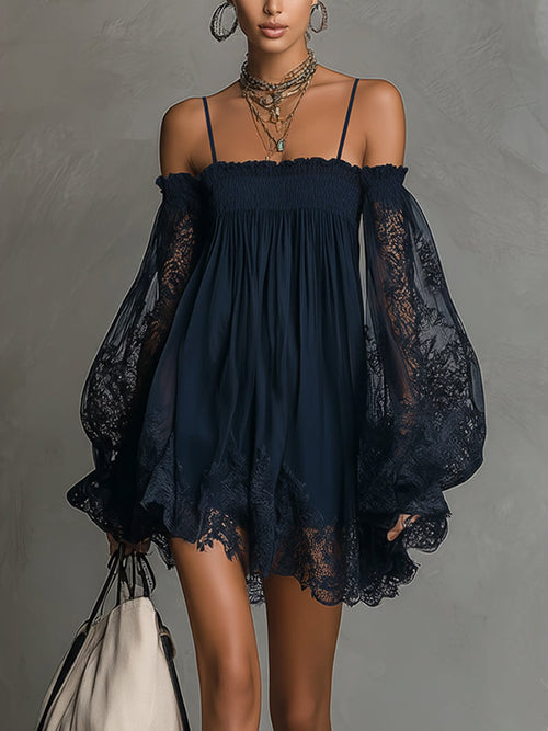 Betty • Navy blue mini chiffon dress with off-shoulder neckline, lace trim, and sheer sleeves