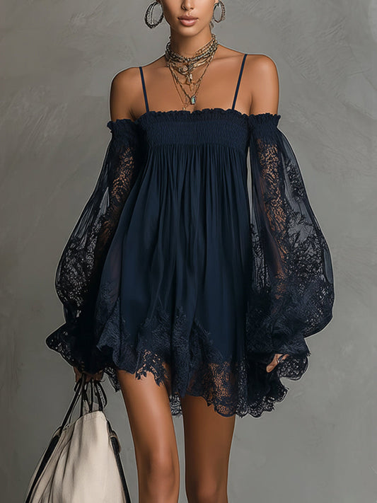 Betty • Navy blue mini chiffon dress with off-shoulder neckline, lace trim, and sheer sleeves