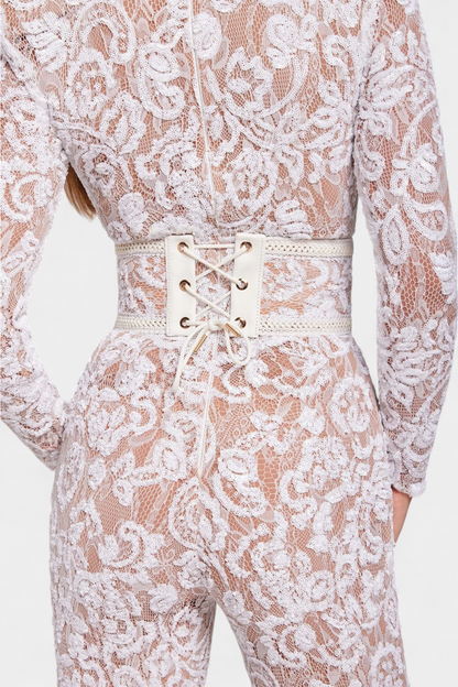 Jimena™ - Corset-Belted Sequined Lace Jumpsuit