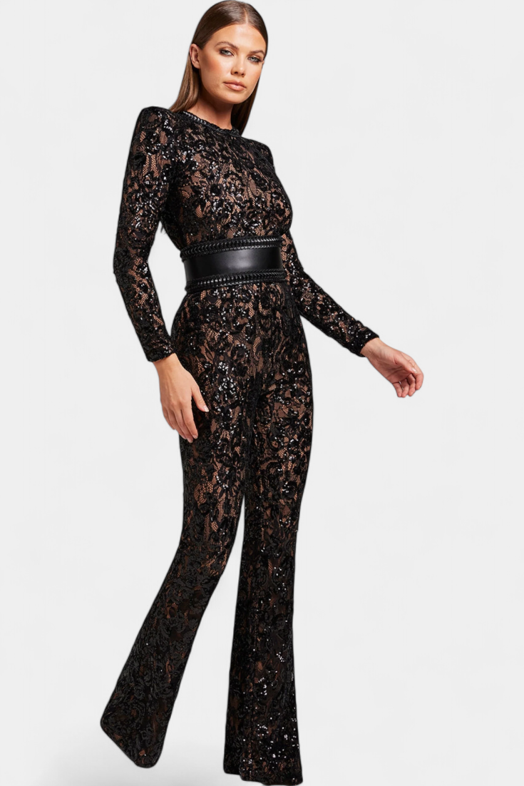 Jimena™ - Corset-Belted Sequined Lace Jumpsuit