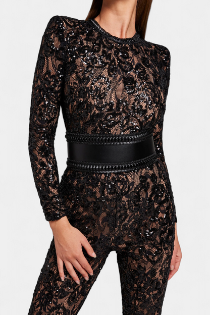Jimena™ - Corset-Belted Sequined Lace Jumpsuit