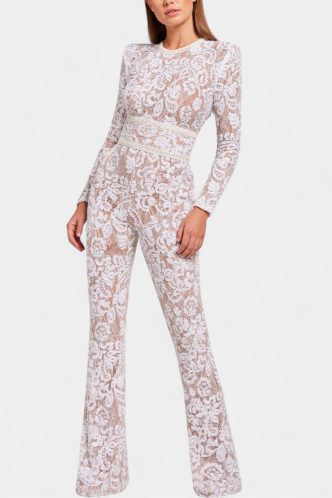 Jimena™ - Corset-Belted Sequined Lace Jumpsuit