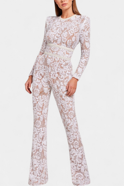 Jimena™ - Corset-Belted Sequined Lace Jumpsuit