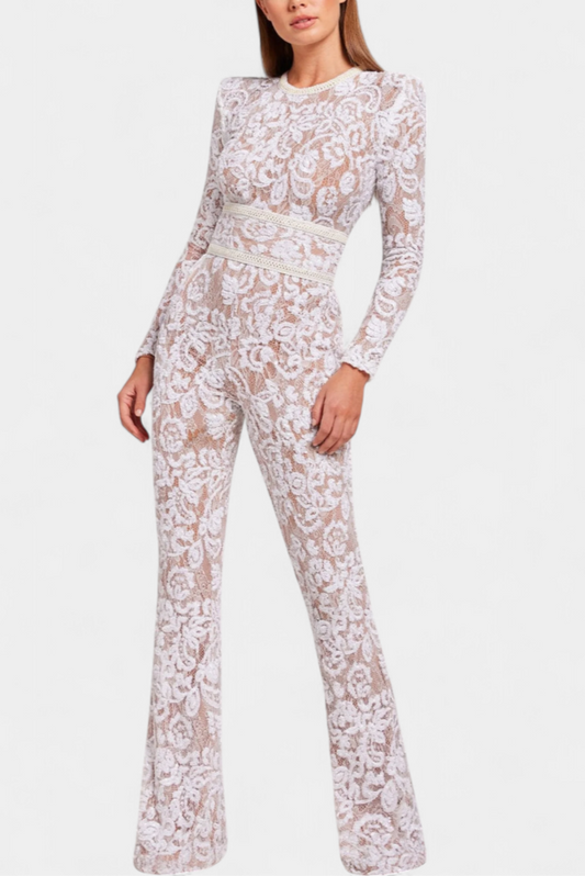 Jimena™ - Corset-Belted Sequined Lace Jumpsuit