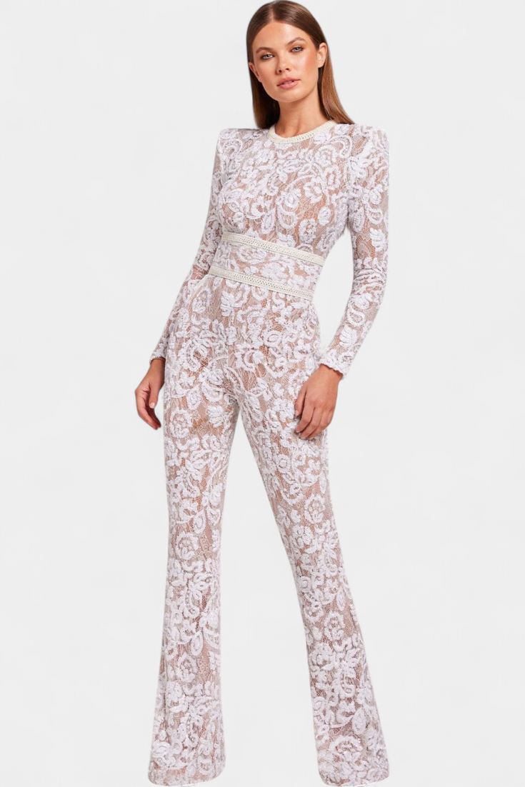 Jimena™ - Corset-Belted Sequined Lace Jumpsuit