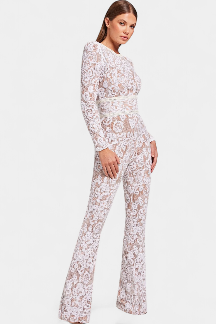 Jimena™ - Corset-Belted Sequined Lace Jumpsuit