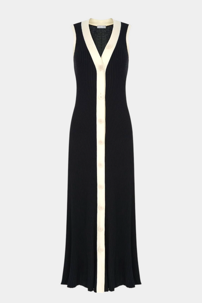Brielle V-Neck Long Ribbed Dress with Contrast Button Detail