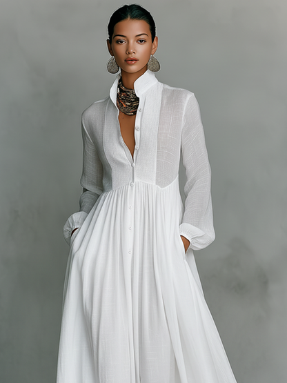 Minimalist Maxi Dress with Patchwork, High Collar and Long Sleeves