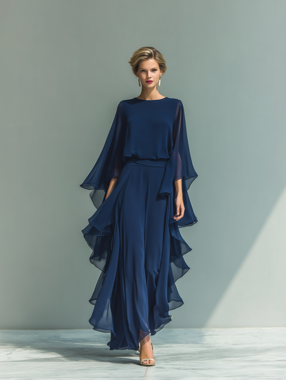 Navy Blue Chiffon Top Set with Flared Sleeves and Straight-Leg Pants with Ruché Details