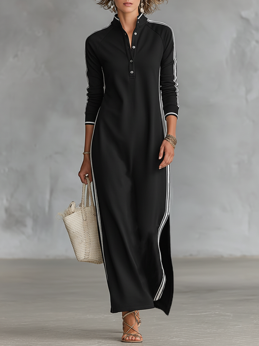 Maxi Dress Women's Sweatshirt with Button-Down Collar and White Trim