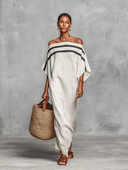 Maxi Minimalist Dress for Women with Off-the-Shoulder Neckline and Batwing Sleeves