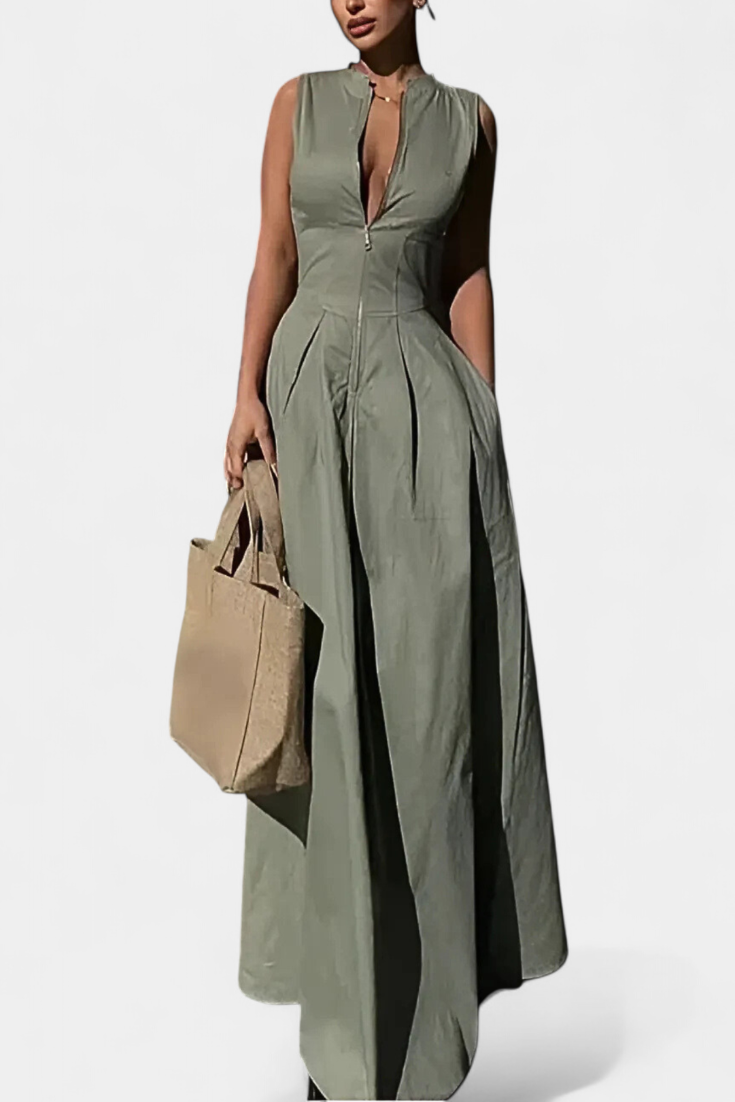 Blanca™ - Pleated Wide Leg Jumpsuit with Round Neck