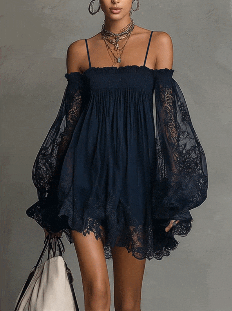 Betty • Navy blue mini chiffon dress with off-shoulder neckline, lace trim, and sheer sleeves