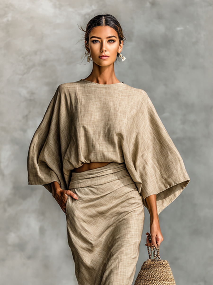 Two-piece set with long skirt with batwing sleeves