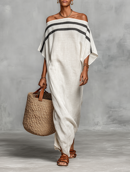Maxi Minimalist Dress for Women with Off-the-Shoulder Neckline and Batwing Sleeves