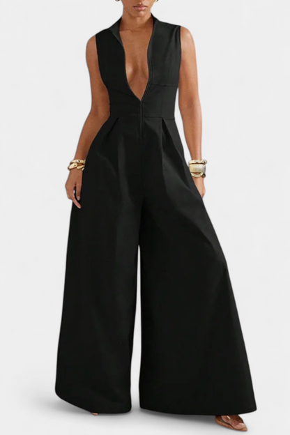 Blanca™ - Pleated Wide Leg Jumpsuit with Round Neck