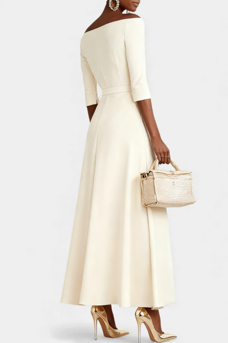 Meriya Off-the-Shoulder Long Trapeze Dress with Short Sleeves
