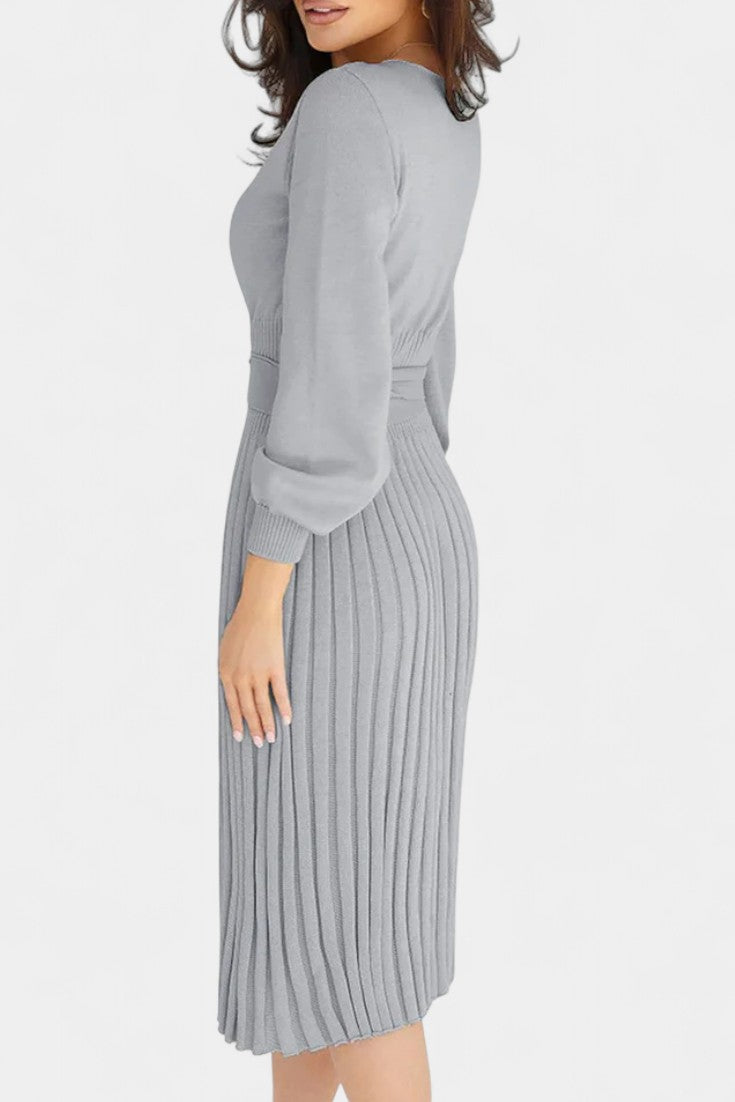 Chloéria Belted Midi Dress with Pleated Design and Ribbed Knit