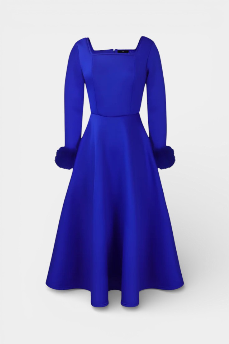 Alicia Square Neck Flared Dress with Patchwork Faux Fur Sleeves