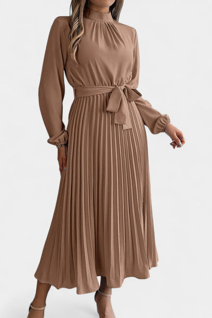 Morgane Pleated Dress Featuring a High Gathered Collar and Tied Waist