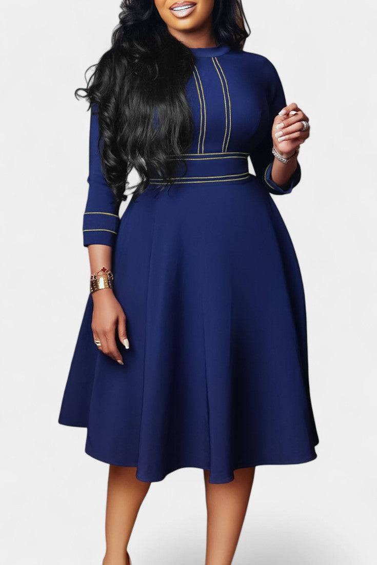 Chantal Midi Flared Dress Featuring Round Neck and 3/4 Sleeves