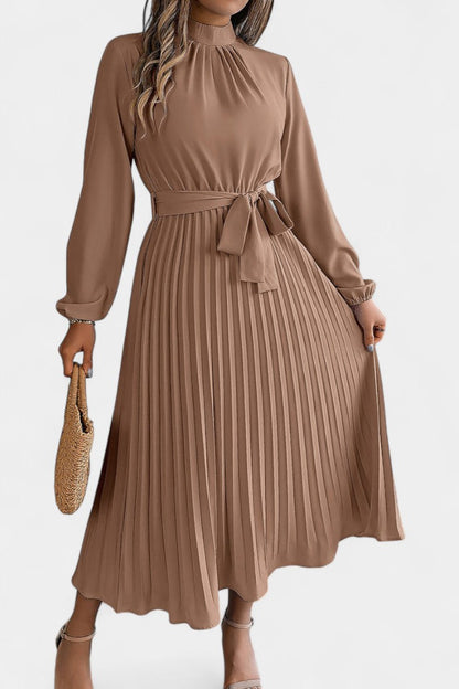 Morgane Pleated Dress Featuring a High Gathered Collar and Tied Waist