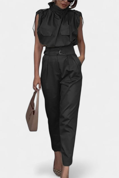 Cassis™ - Ruffled Collar Belted Jumpsuit with Straight Cut