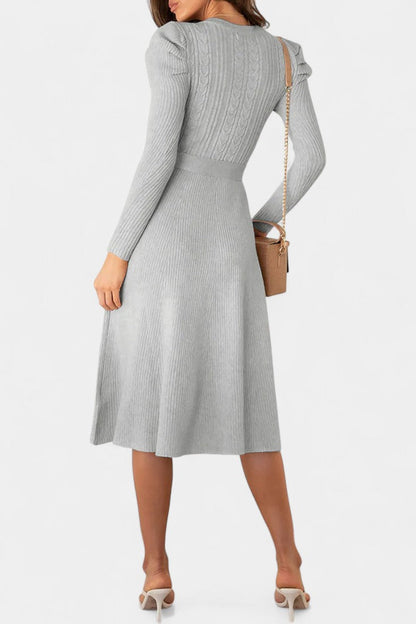 Évoria Puff Sleeve Midi Knit Dress with Lace Accents