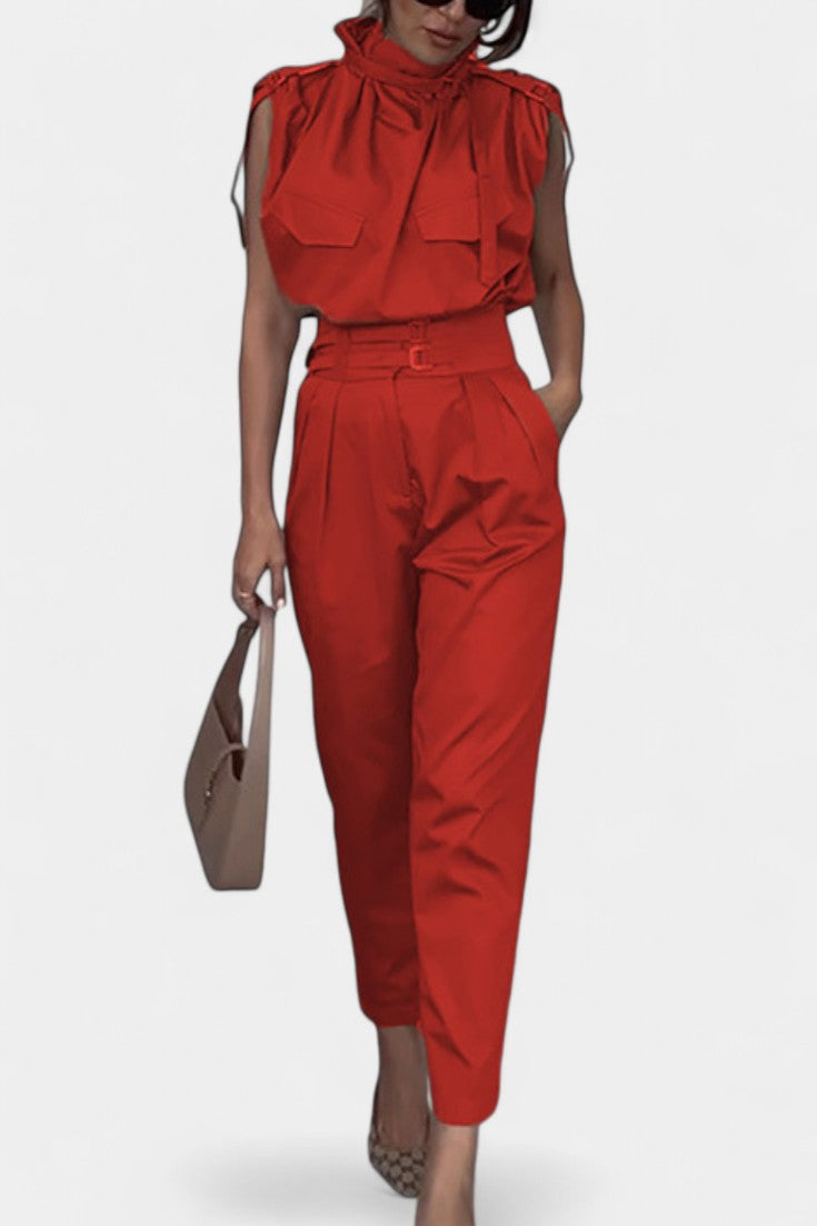 Cassis™ - Ruffled Collar Belted Jumpsuit with Straight Cut