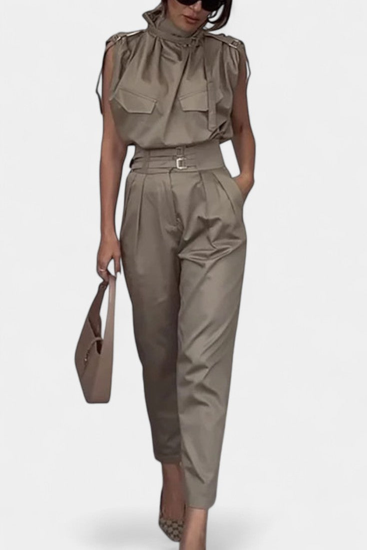 Cassis™ - Ruffled Collar Belted Jumpsuit with Straight Cut