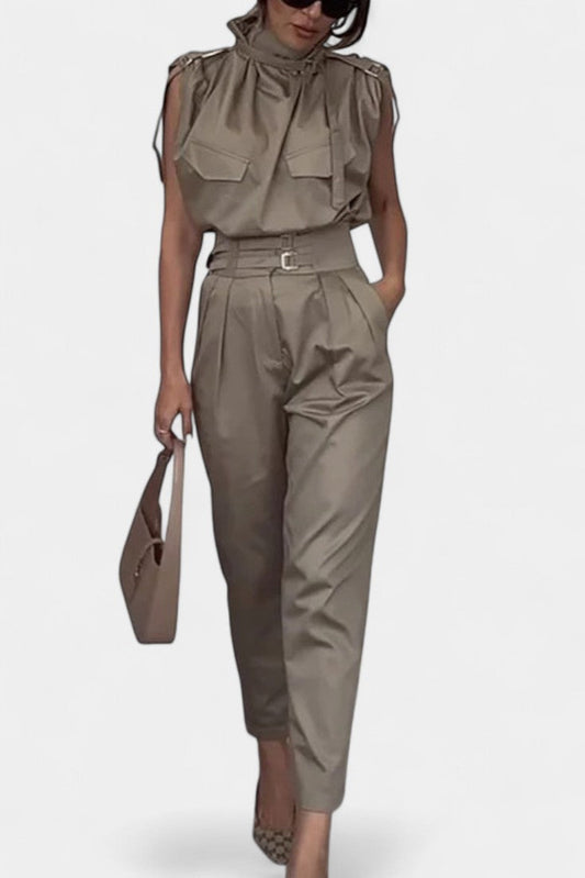 Cassis™ - Ruffled Collar Belted Jumpsuit with Straight Cut