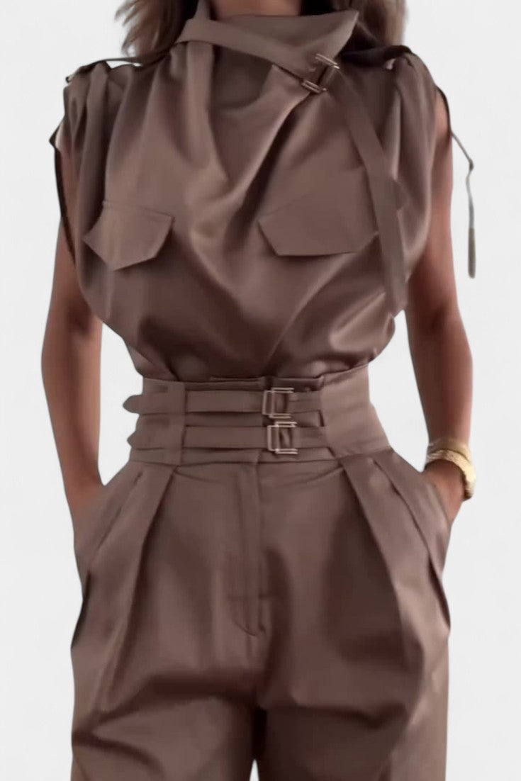 Cassis™ - Ruffled Collar Belted Jumpsuit with Straight Cut