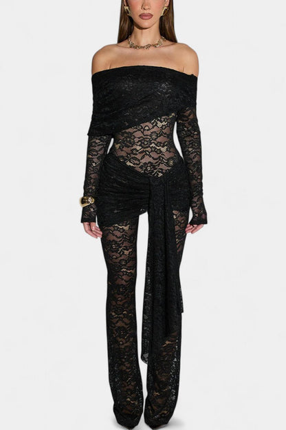 Maristella™ -  Bardot Set: Sheer Lace Top with Ruffled Mini Skirt