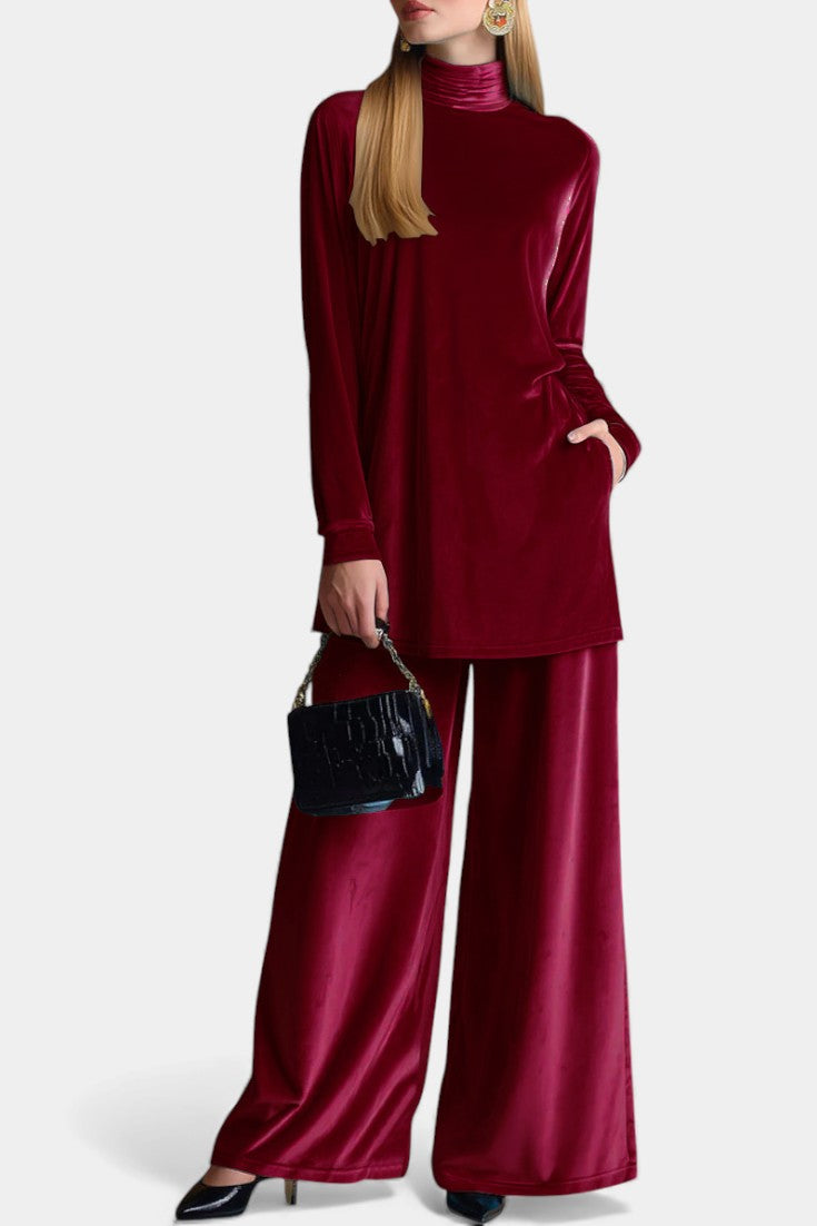 Tifenn Velvet High-Top and Split Pants Set with Elevated Collar