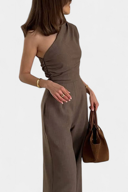 Asymmetrical™ -  One-Shoulder Jumpsuit with Ruched Accents in Magnolia