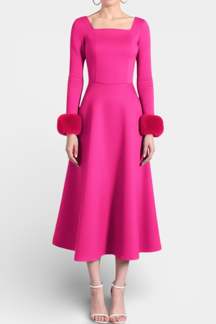 Alicia Square Neck Flared Dress with Patchwork Faux Fur Sleeves