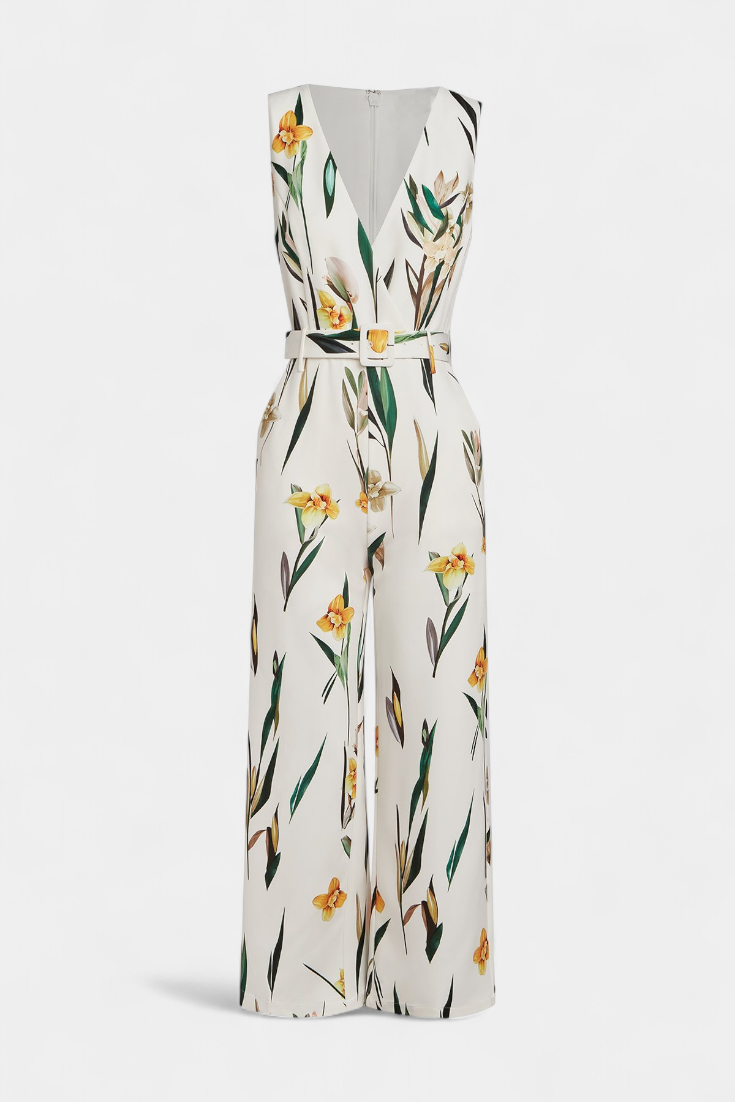 Slara™ -  White V-Neck Jumpsuit with Belted Waist