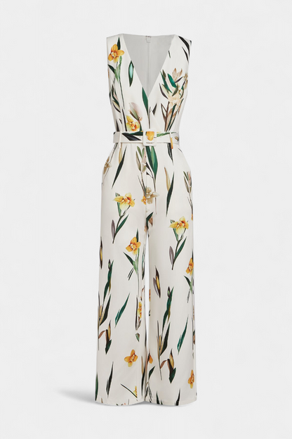 Slara™ -  White V-Neck Jumpsuit with Belted Waist