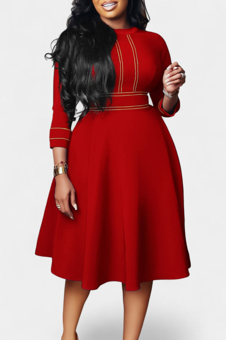 Chantal Midi Flared Dress Featuring Round Neck and 3/4 Sleeves