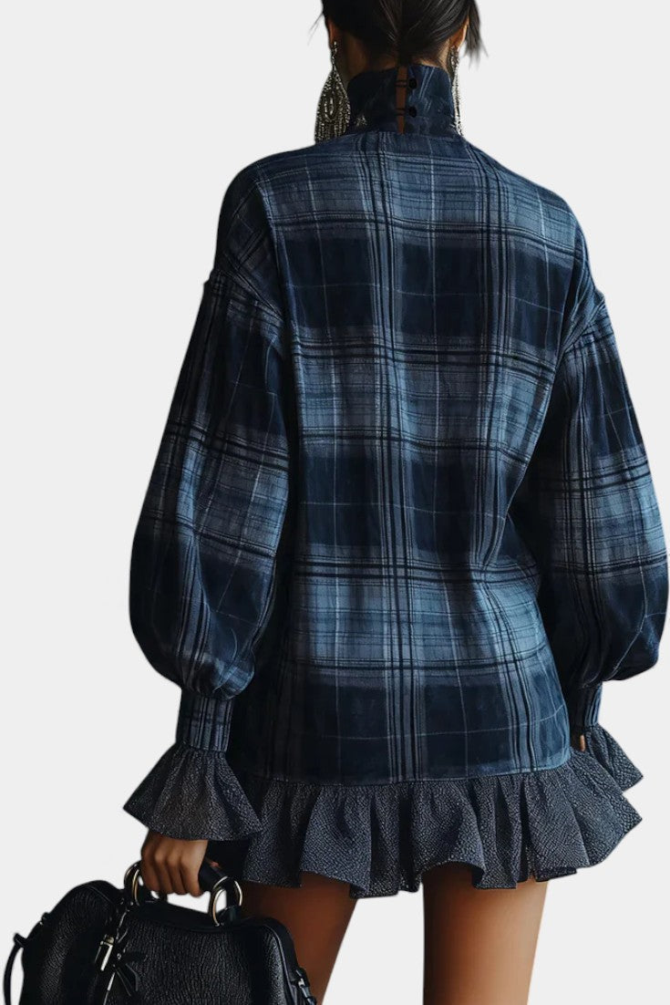 Blue Check Knit Alvetina Mini Dress with High Collar