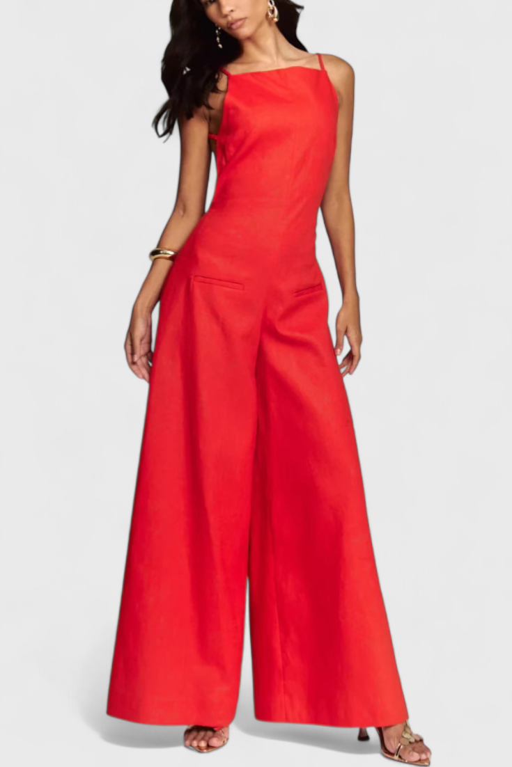 Belén Ramie™ -  Wide-Leg Halter Jumpsuit with Straight Neckline