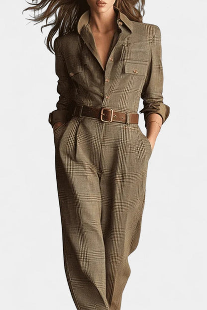 Cali™ - Brown Checkered Tweed Jumpsuit with Adjustable Belt