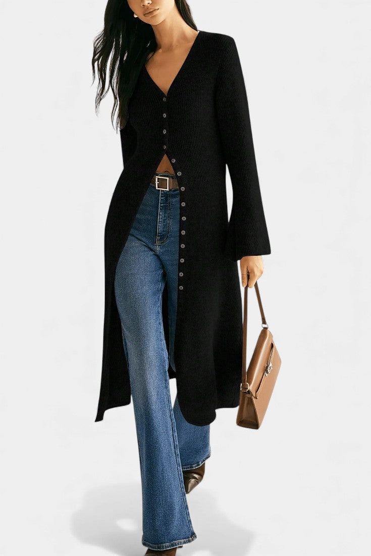 Dorénia V-Neck Midi Sweater Dress with Side Slit