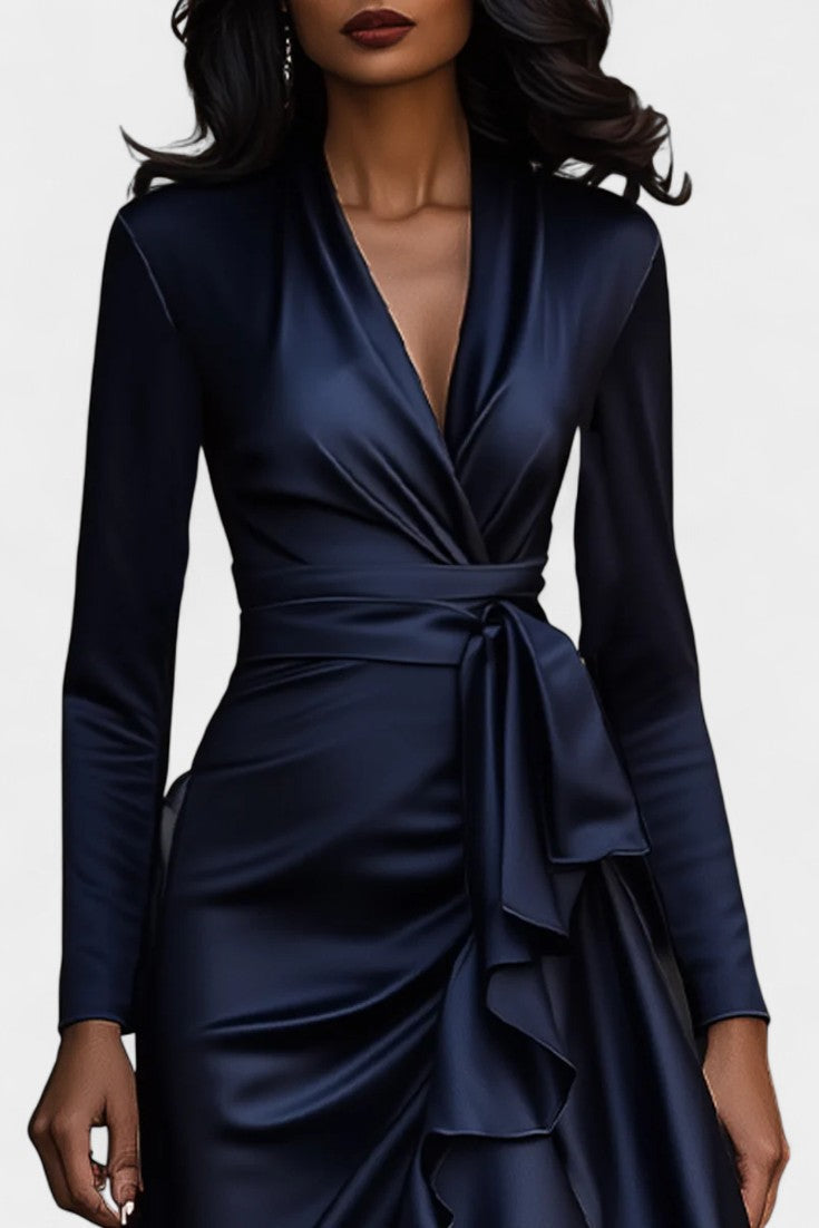 Isabeau Satin Dress Featuring Ruffled Hem and Adjustable Waist Belt