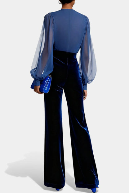 Mikaella™ - V-Neck Blue Velvet Jumpsuit with Long Sleeves