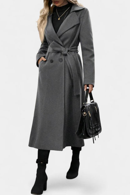 Mélissandre Double-Breasted Long Coat with Notched Collar and Check Pattern
