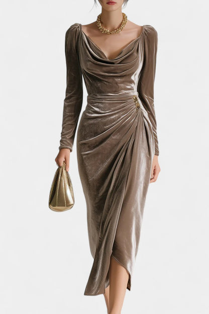 Chérane Velvet Midi Dress with Ruffled Neckline and Tulip Hem